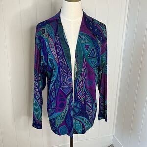A Touch of Class Clothing Womens S/M Open Front Cardigan Blue Purple Geo Print